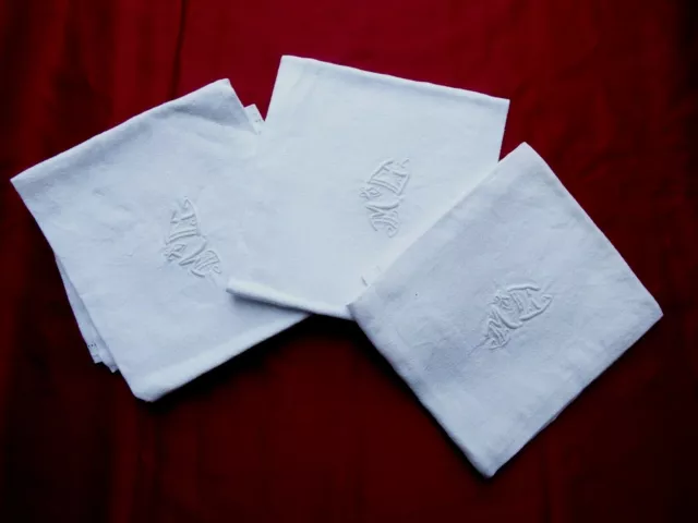 Ancien Linge de Maison, lot de 3 Beaux Torchons en Lin Brodé avec Monogramme n°1