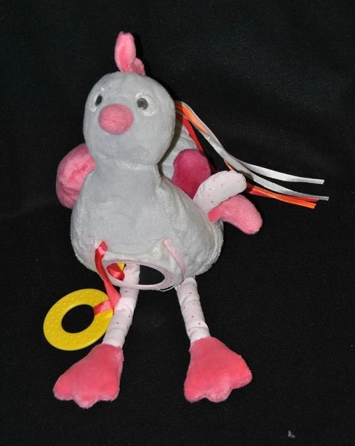 Peluche doudou poule d'activité OKAIDI OBAIBI gris rose miroir grelot 35 cm TTBE