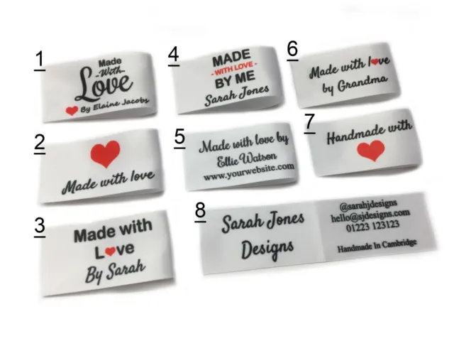 Handmade personalised sew in craft business labels for fabric satin ribbon white