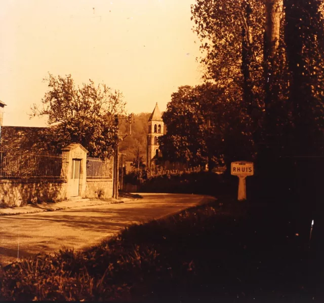 Rhuis Oise Entrée du village Eglise FRANCE Photo Vintage Plaque verre c1930