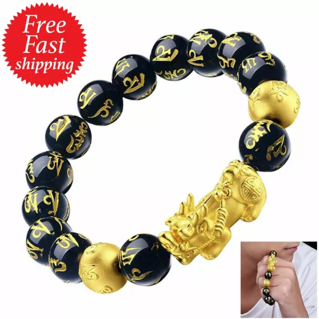 Feng Shui Black Obsidian Beads Pi Xiu Bracelet Attract Wealth Good Luck Jewelry