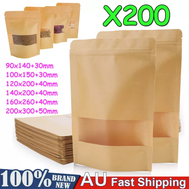 200PCS Food Bag KRAFT Paper Pouch STAND UP Packaging Bags Clear Window Zip Seal