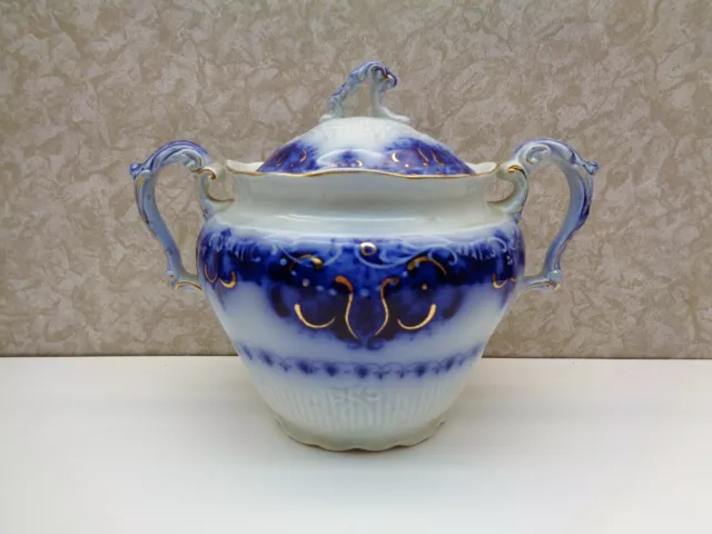 Antique Flow Blue Johnson Bros. "ALBANY" Semi Porcelain Sugar Bowl 6" Tall Exc!