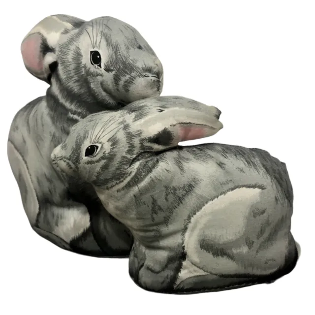 Cloth Rabbit Print Fabric Stuffed Pillows Set of 2 Gray Mama Baby Bunny Prim