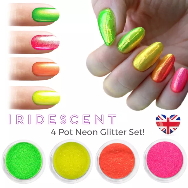 Mermaid Nail Glitter Set Summer Nails Neon Effect Fine Powder Iridescent 4pcs UK