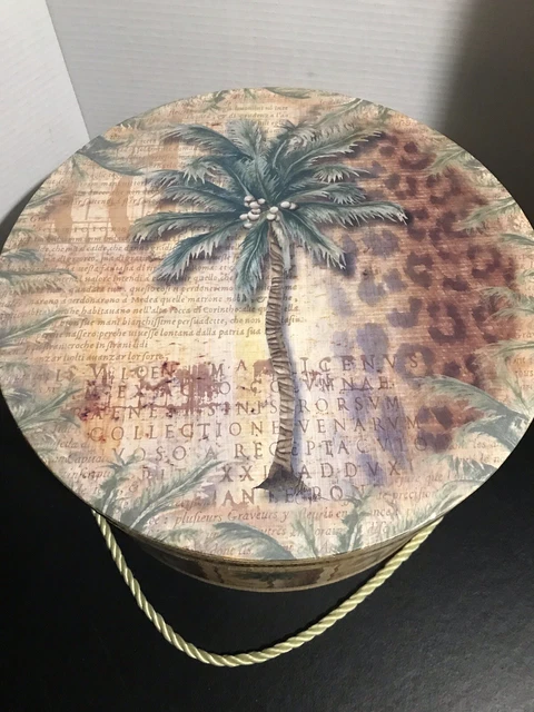 Hat Box Round Shaped Organizer Palm Trees 14"W X approx, 6.75”H Beautiful Box