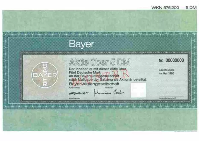 BAYER Leverkusen 1996 IG Farben Industrie Elberfeld Barmen Aspirin 5 DM Muster #