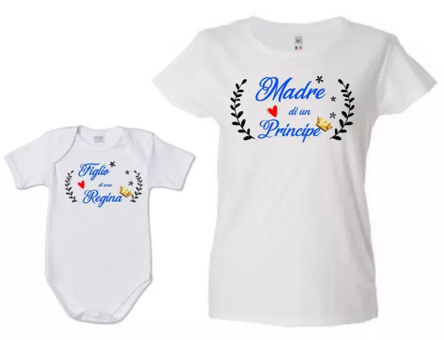 kit t shirt donna e body neonato cotone stampa frase mamma regina e principe