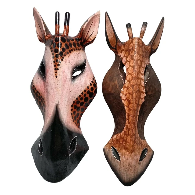 Safari Arte de Pared Tallada a Mano Juego 2 Mezcladas Jirafa Marrón Animal Máscara de Madera