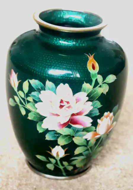 Vintage Japanese Ginbari Cloisonne Emerald Green enamel vase 6" tall immaculate