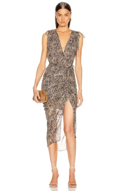 NWT $698 VERONICA BEARD  Teagan Ruched Snake Print Silk Crepe De Chine Dress 8