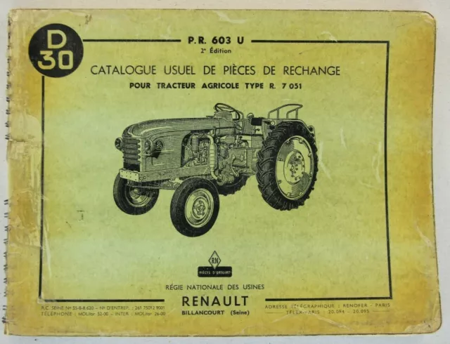 catalogue pièces de rechange tracteur agricole RENAULT D 30 R 7051 manuel livret