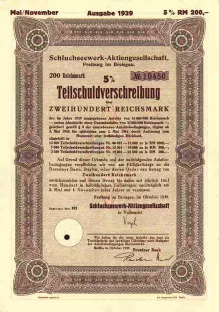 Schluchsee WERK 1939 Freiburg Rheinfelden RWE EnBW 200 Reichsmark Dresdner Bank