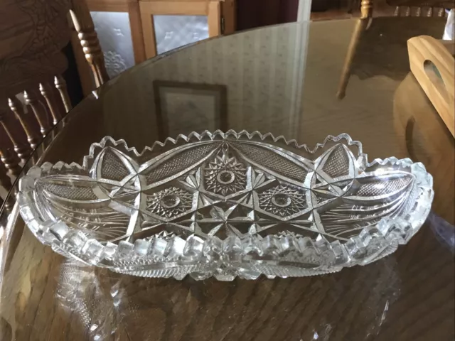 Sawtooth Cut Crystal 11” Long  Oval Glass Serving Bowl Dish