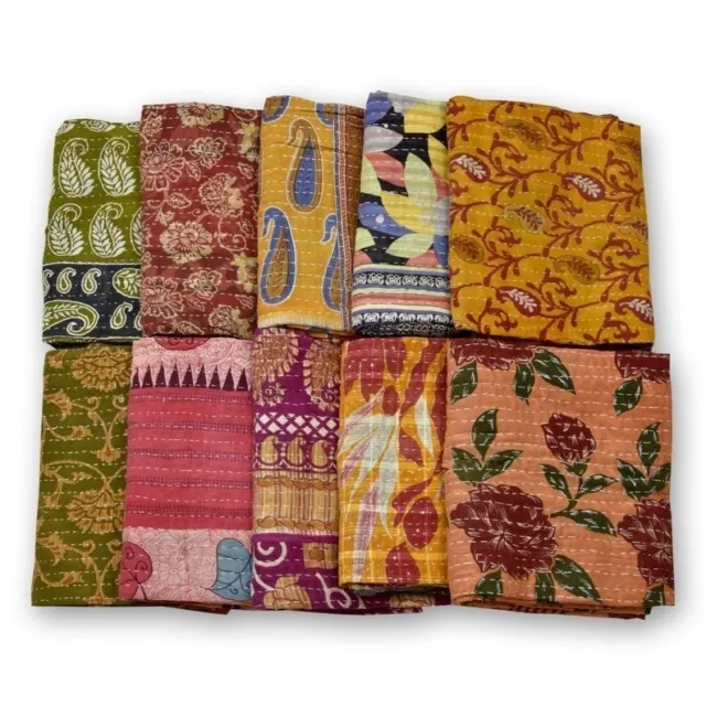 5 Piece Mix Lot of Indian Kantha Quilts Cotton Bed Cover Throw Old Sari Blanket