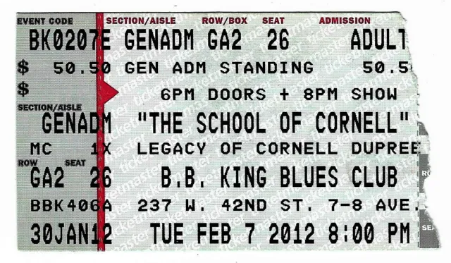 The School of Cornell Dupree 2/7/12 NYC NY BB King Blues Club Rare Ticket Stub