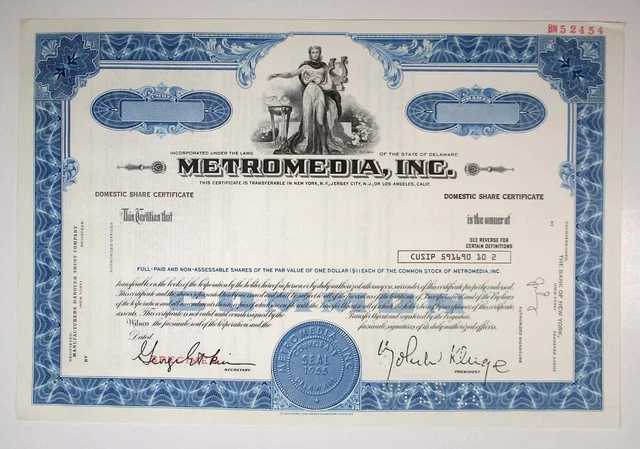 Metromedia, Inc., ND (2000s). Specimen Stock Cert., XF-AU condition, S-CBNC
