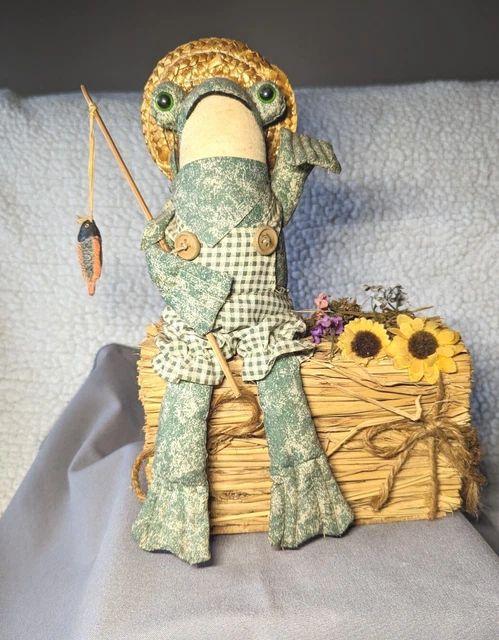 Cute FROG FISHERMAN DOLL Decor STRAW Fishing Rod SUNFLOWER Country Decor