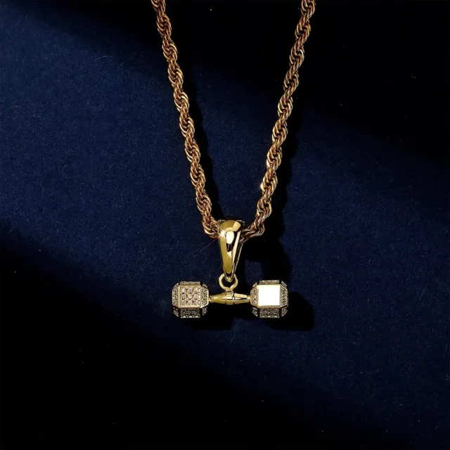 24k Gold Plated Gym Dumbell Fitness Sport Dumbell Barbell Pendant Necklace
