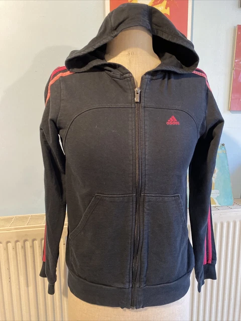 Adidas Black/Pink Triple Stripe Zip Hoodie Hooded Jacket Sweatshirt Age 13-14
