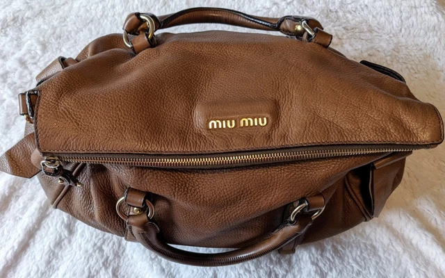 MIU MIU Vitello Lux Bow 2Way Camel Brown Leather Large Satchel Crossbody Purse