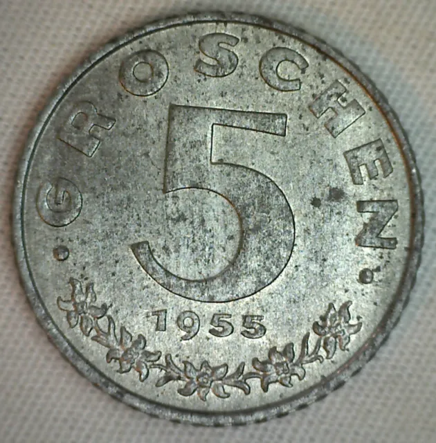 1955 Austria 5 Groschen Zinc Coin Uncirculated Austrian Eagle Shield Hammer