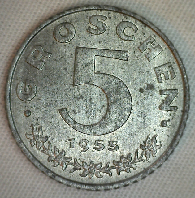 1955 Austria 5 Groschen Zinc Coin Uncirculated Austrian Eagle Shield Hammer