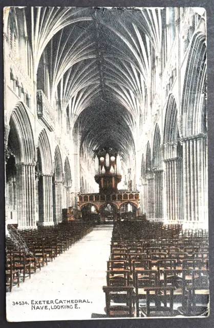 Vintage Devon Postcard ~ Exeter Cathedral, Nave, Looking E ~ Posted 1909