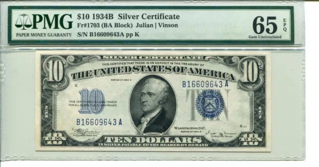 Fr 1703 1934B $10 Silver Certificate Pmg 65 Epq Gem Uncirculated