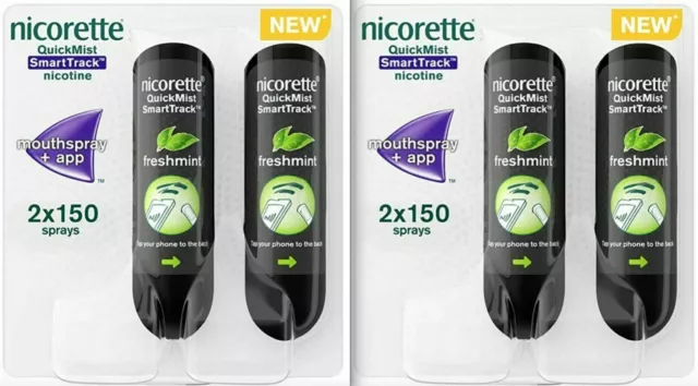 2 x Nicorette Quickmist Freshmint SmartTrack Duo 1mg - 4 x 150 Nicotine Spray.