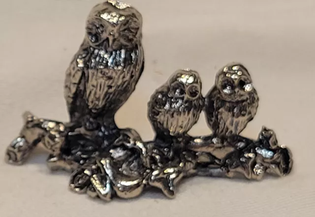 VTG Pewter Miniature Owl Family on Tree Branch 1 3/4” & single owl figurine