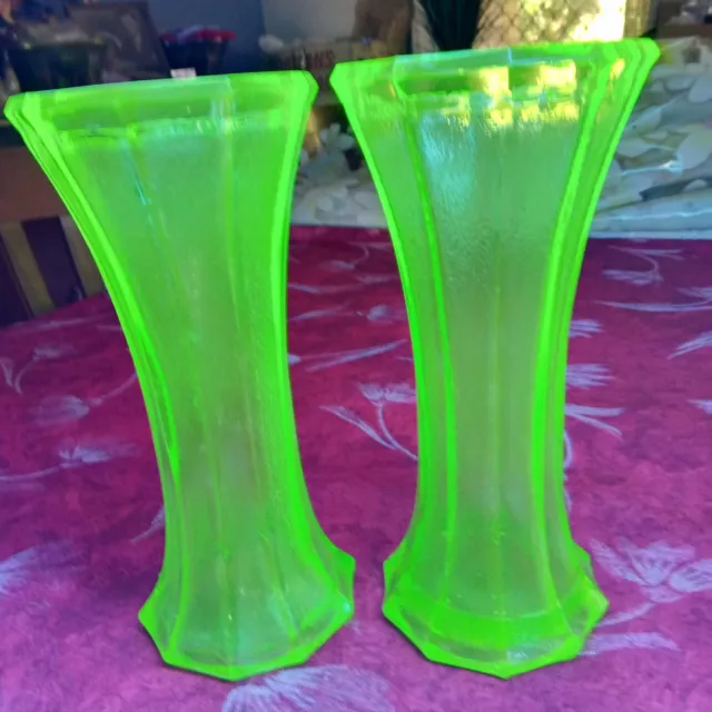 Rare Pair of Large Very Old Green Uranium Glass Vases Depression Era 1920/30s