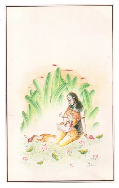 Main Peinture De Indien Femme (Ragini) Avec Oiseau Sur Papier 14x22.9cm