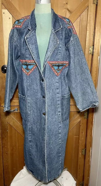 Womens Western End Of The Trail Vtg Size Measured Blue Denim Gazelle Duster Coat