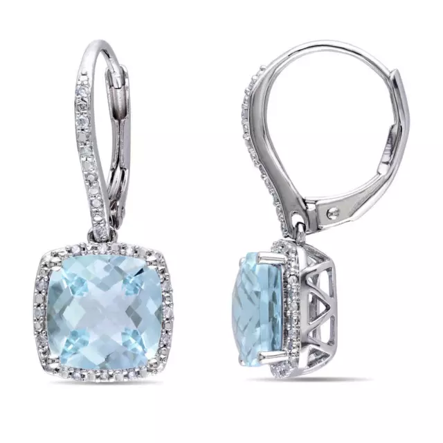 AMOUR 8 1/2 CT TGW Blue Topaz and 1/5 CT TW Diamond Leverback Halo Earrings In