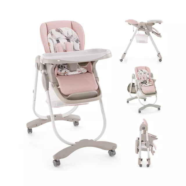 Folding Baby Highchair Adjustable Booster Seat W/ Removable Tray & Wheels