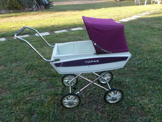 Beautiful Dolls Pram " Topaz " Raleigh England - Purple Hood - Metal White Body 3