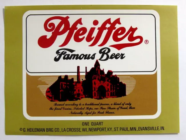 G. Heileman Brg Co PFEIFFER FAMOUS BEER label WI 32oz 4 brew sites