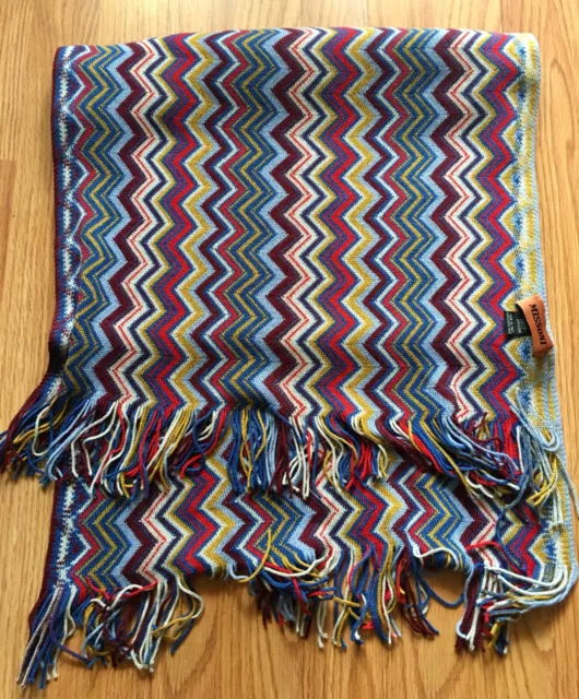 MISSONI Wool Blend Knit Fringe Zig Zag Scarf Made in Italy