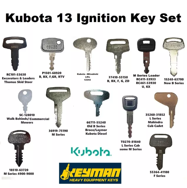 13 Kubota Equipment Ignition Key Set L M B F BX F GR RTV 95% of Kubota Models