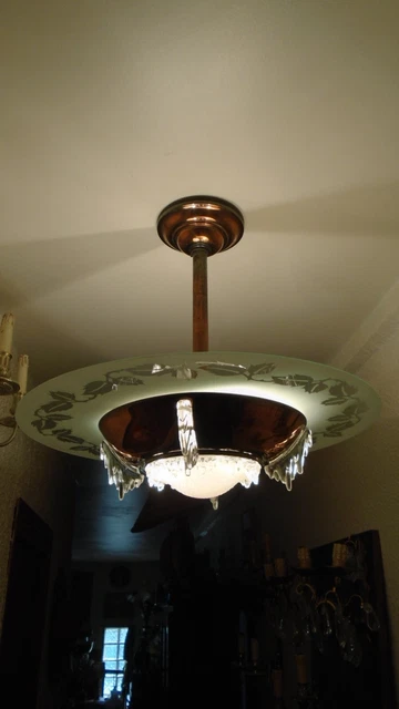Lustre Moderniste / Art Déco Années 30/40 - Cuivre Et Verre - Marque Ezan