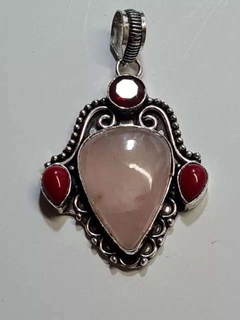 Silver 925 rose quartz, Garnet & red coral Gemstone Pendant (611)