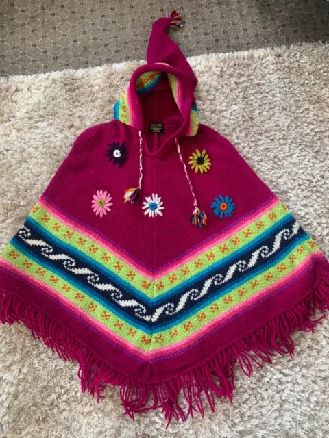 Chic Soul Handmade Ecuador Bohemian Hooded Poncho Wool Blend Pink Mix Uk 10-14