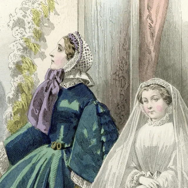 Les modes Parisiennes Robe Communion Gravure Aquarelle originale XIXe