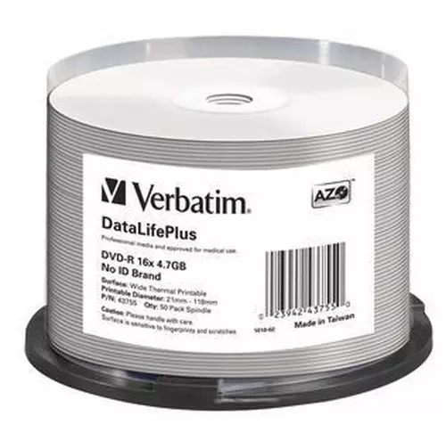 50 x Verbatim DVD-R 16x 4.7gb DataLifePlus Wide Thermal Printable Spindle 43755