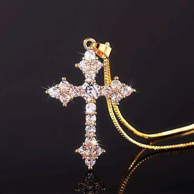 ROUND LAB CREATED Diamond Women's Cross Pendant 14K Yellow Gold Plated ...