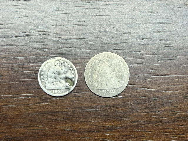1857 Half Dime & 1882 Seated Dime.two Old Us Silver Coins-Free Ship.