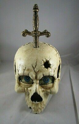 Vintage Large Cast Iron or Pressed Metal Skull w/ Dagger- Eyes Open & Close