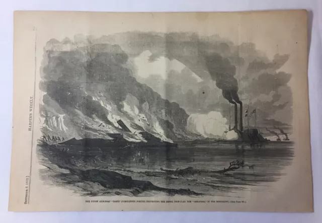 1862 magazine engraving~11x16~UNION GUNBOAT 'ESSEX' AND REBEL RAM 'ARKANSAS'