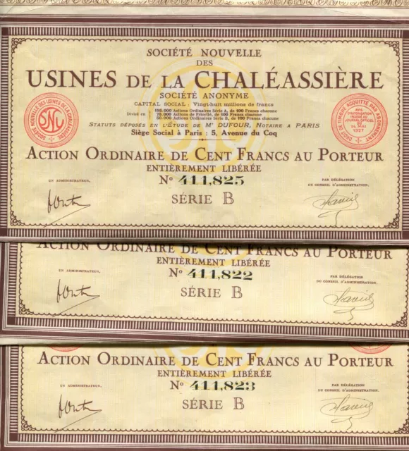 Usines de la Chaléassière, 3 Actions ordinaires de cent francs, Série B #F24